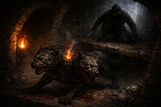 A torchlit dungeon, a fallen beast, and a rogue waiting in the shadows