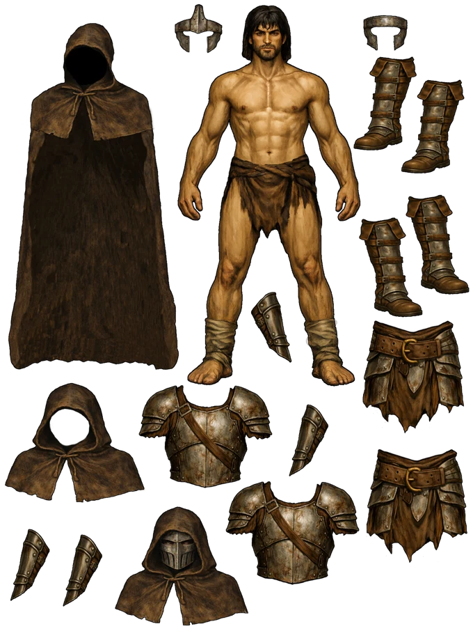 Rogue character with physical armor and equipment pieces